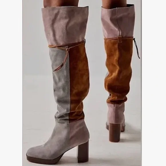New Free People Patchwork Platform Over-The-Knee Tall Suede Leather Boots Italy